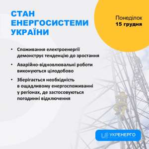 СТАН ЕНЕРГОСИСТЕМИ: 15 грудня