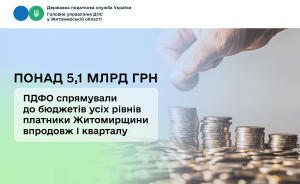 Надходження ПДФО: понад 5,1 млрд грн за перший квартал 2026 від платників Житомирщини