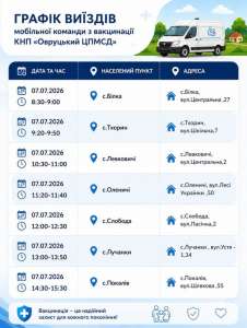 Овруцький Центр ПМСД інформує: у липні продовжує свою роботу мобільна вакцинальна бригада в Овруцькій та Словечанській громадах